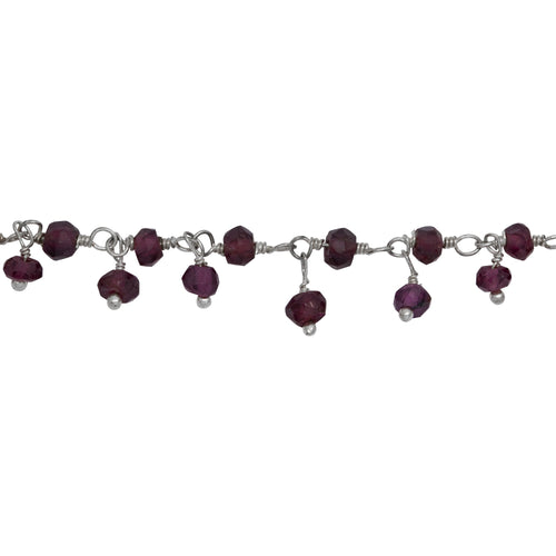 Chain by Foot. Brass Silver Plated 3.53mm Width by 2.35mm Length Natural Hand Cut Garnet Stone, With One of 3.22mm Width by 2.60mm Length Garnet Stone Hanging off the Chain, Gem Stone Chain. Price per: 1 Inch.