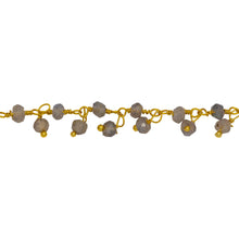 Load image into Gallery viewer, Chain by Foot. Brass Gold Plated 3.35mm Width by 2.44mm Length Natural Hand Cut Labradorite Stone, With One of 3.12mm Width by 2.51mm Length Labradorite Stone Hanging off the Chain, Gem Stone Chain. Price per: 1 Inch.
