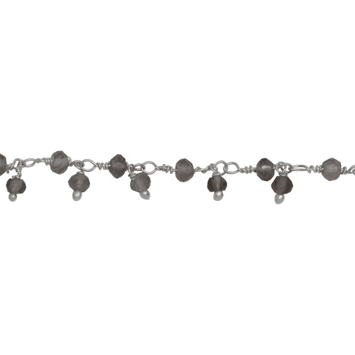 Chain by Foot. Brass Silver Plated 3.29mm Width by 2.35mm Length Natural Hand Cut Smoky Quartz Stone, With One of 3.02mm Width by 2.48mm Length Smoky Quartz Stone Hanging off the Chain, Gem Stone Chain. Price per: 1 Inch.