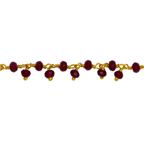 Chain by Foot. Brass Gold Plated 3.61mm Width by 2.44mm Length Natural Hand Cut Ruby (Dyed) Stone, With One of 3.50mm Width by 2.35mm Length Ruby (Dyed) Stone Hanging off the Chain, Gem Stone Chain. Price per: 1 Inch.