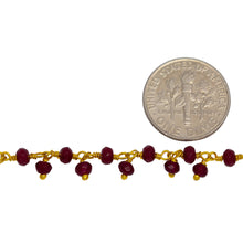 Load image into Gallery viewer, Brass Gold Plated 3.61mm Width by 2.44mm Length Natural Hand Cut Ruby (Dyed) Stone, With One of 3.50mm Width by 2.35mm Length Ruby (Dyed) Stone Hanging off the Chain, Gem Stone Chain. Price per: 1 Inch.
