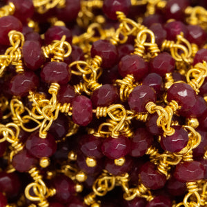 Brass Gold Plated 3.61mm Width by 2.44mm Length Natural Hand Cut Ruby (Dyed) Stone, With One of 3.50mm Width by 2.35mm Length Ruby (Dyed) Stone Hanging off the Chain, Gem Stone Chain. Price per: 1 Inch.