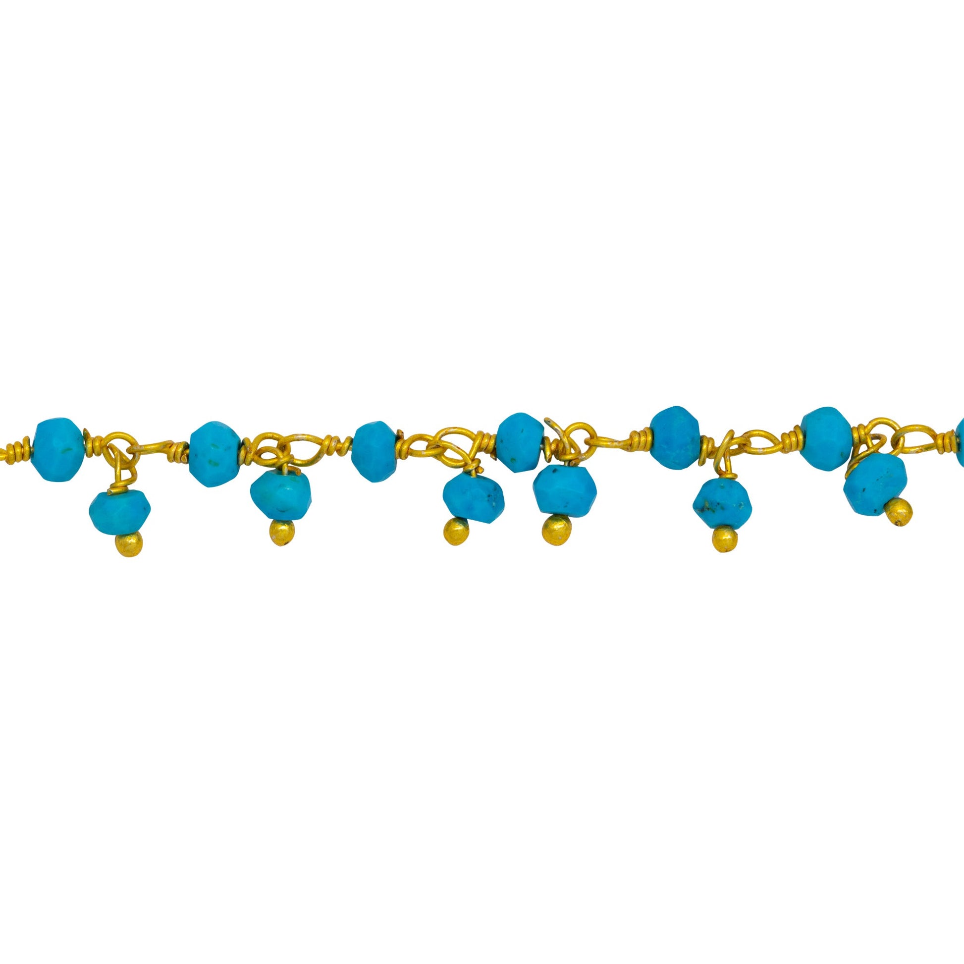 Chain by Foot. Brass Gold Plated 3.15mm Width by 2.15mm Length Natural Hand Cut Turquoise Stone, With One of 3.04mm Width by 2.55mm Length Turquoise Stone Hanging off the Chain, Gem Stone Chain. Price per: 1 Inch.