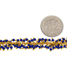 Load image into Gallery viewer, Brass Gold Plated 1.7mm Width by 2.35mm Length Cable Chain, With Two of 2.0mm Width / Length Lapis Shade Seed Bead Hanging off the Chain, Gem Stone Chain. Price per: 1 Inch.
