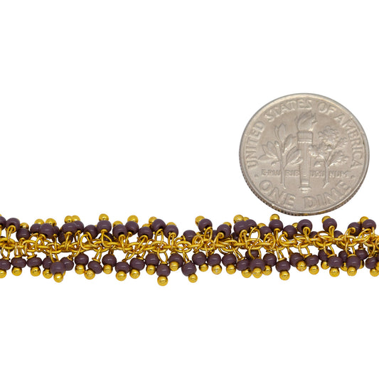Brass Gold Plated 1.7mm Width by 2.35mm Length Cable Chain, With Two of 2.0mm Width / Length Sugilite Shade Seed Bead Hanging off the Chain, Gem Stone Chain. Price per: 1 Inch.