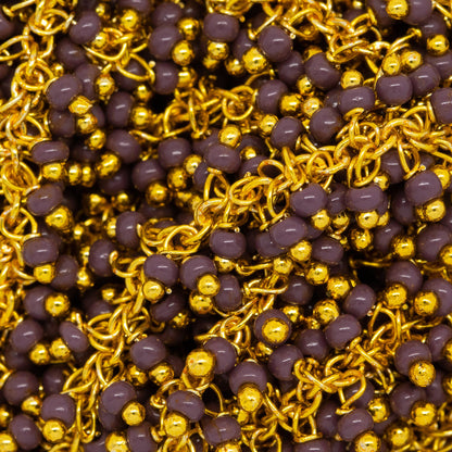 Brass Gold Plated 1.7mm Width by 2.35mm Length Cable Chain, With Two of 2.0mm Width / Length Sugilite Shade Seed Bead Hanging off the Chain, Gem Stone Chain. Price per: 1 Inch.