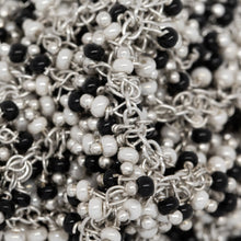 Load image into Gallery viewer, Brass Silver Plated 1.7mm Width by 2.35mm Length Cable Chain, With Two of 2.0mm Width / Length Black and White Shade Seed Bead Hanging off the Chain, Gem Stone Chain. Price per: 1 Inch.
