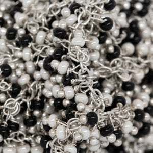 Brass Silver Plated 1.7mm Width by 2.35mm Length Cable Chain, With Two of 2.0mm Width / Length Black and White Shade Seed Bead Hanging off the Chain, Gem Stone Chain. Price per: 1 Inch.