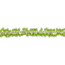 Load image into Gallery viewer, Chain by Foot. Brass Silver Plated 1.7mm Width by 2.35mm Cable Chain, With Two of 2.0mm Width / Length Peridot Shade Seed Bead Hanging off the Chain, Gem Stone Chain. Price per: 1 Inch.
