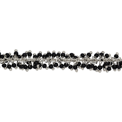 Chain by Foot. Brass Silver Plated 1.7mm Width by 2.35mm Cable Chain, With Two of 2.0mm Width by 1.71mm Length Black Spinel Shade Seed Bead Hanging off the Chain, Gem Stone Chain. Price per: 1 Inch.