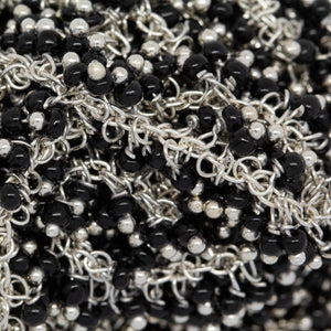 Brass Silver Plated 1.7mm Width by 2.35mm Length Cable Chain, With Two of 2.0mm Width by 1.71mm Length Black Spinel Shade Seed Bead Hanging off the Chain, Gem Stone Chain. Price per: 1 Inch.