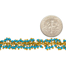 Load image into Gallery viewer, Brass Gold Plated 1.56mm Width by 2.75mm Length Cable Chain, With Two of 2.0mm Width by 1.6mm Length Turquoise Seed Bead Hanging off the Chain, Gem Stone Chain. Price per: 1 Inch.
