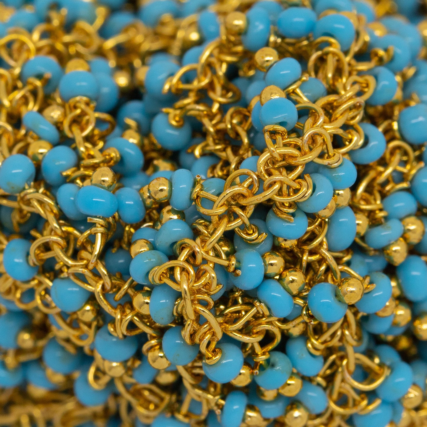 Brass Gold Plated 1.56mm Width by 2.75mm Length Cable Chain, With Two of 2.0mm Width by 1.6mm Length Turquoise Seed Bead Hanging off the Chain, Gem Stone Chain. Price per: 1 Inch.