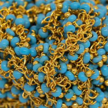 Brass Gold Plated 1.56mm Width by 2.75mm Length Cable Chain, With Two of 2.0mm Width by 1.6mm Length Turquoise Seed Bead Hanging off the Chain, Gem Stone Chain. Price per: 1 Inch.