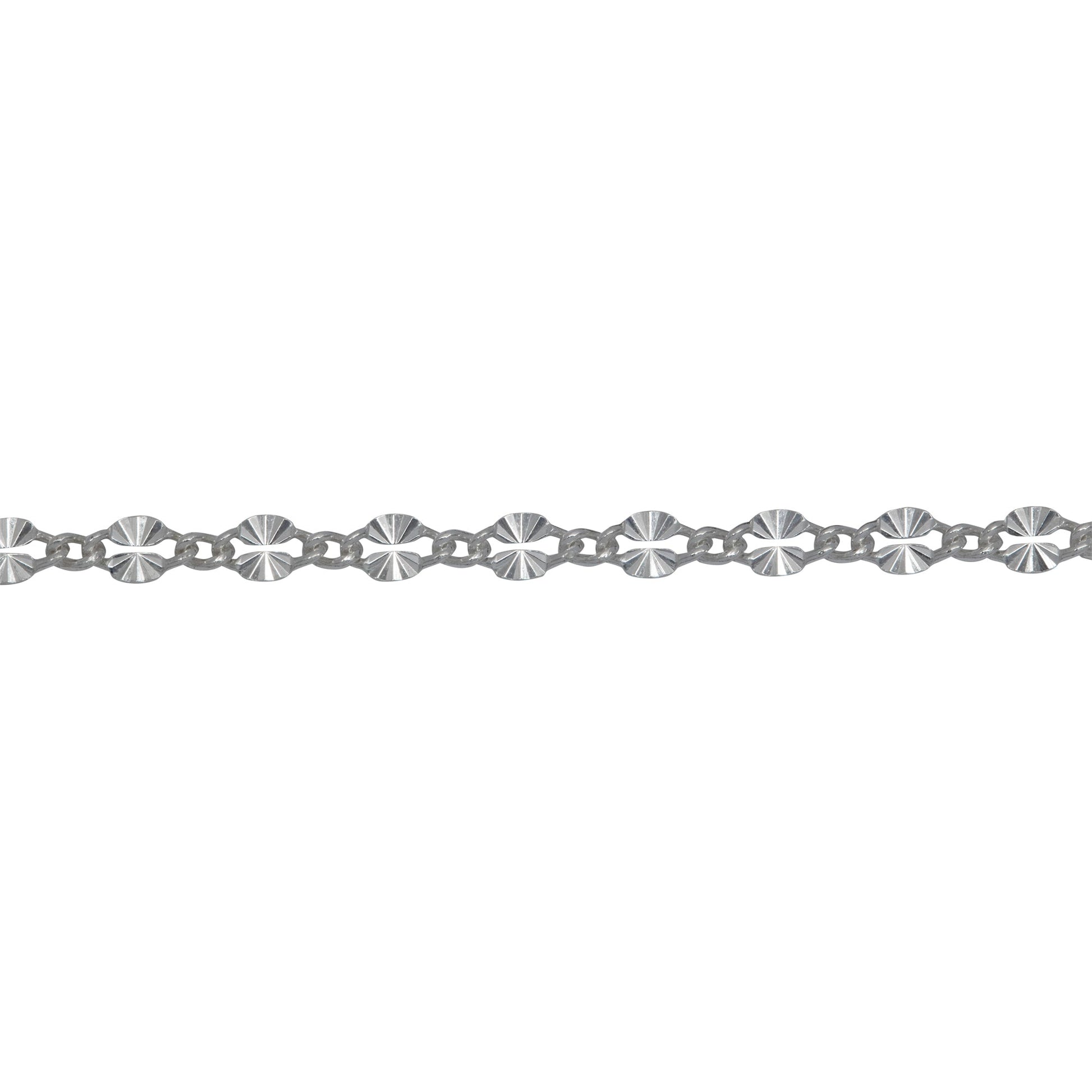 Chain by Foot. Sterling Silver 2.18mm Width by 3.91mm Length Dapped Diamond Cut Oval Link Connected to 1.32mm Width by 1.97mm Length Smooth Curb Link, Long and Short Chain. Price per: 1 Foot.