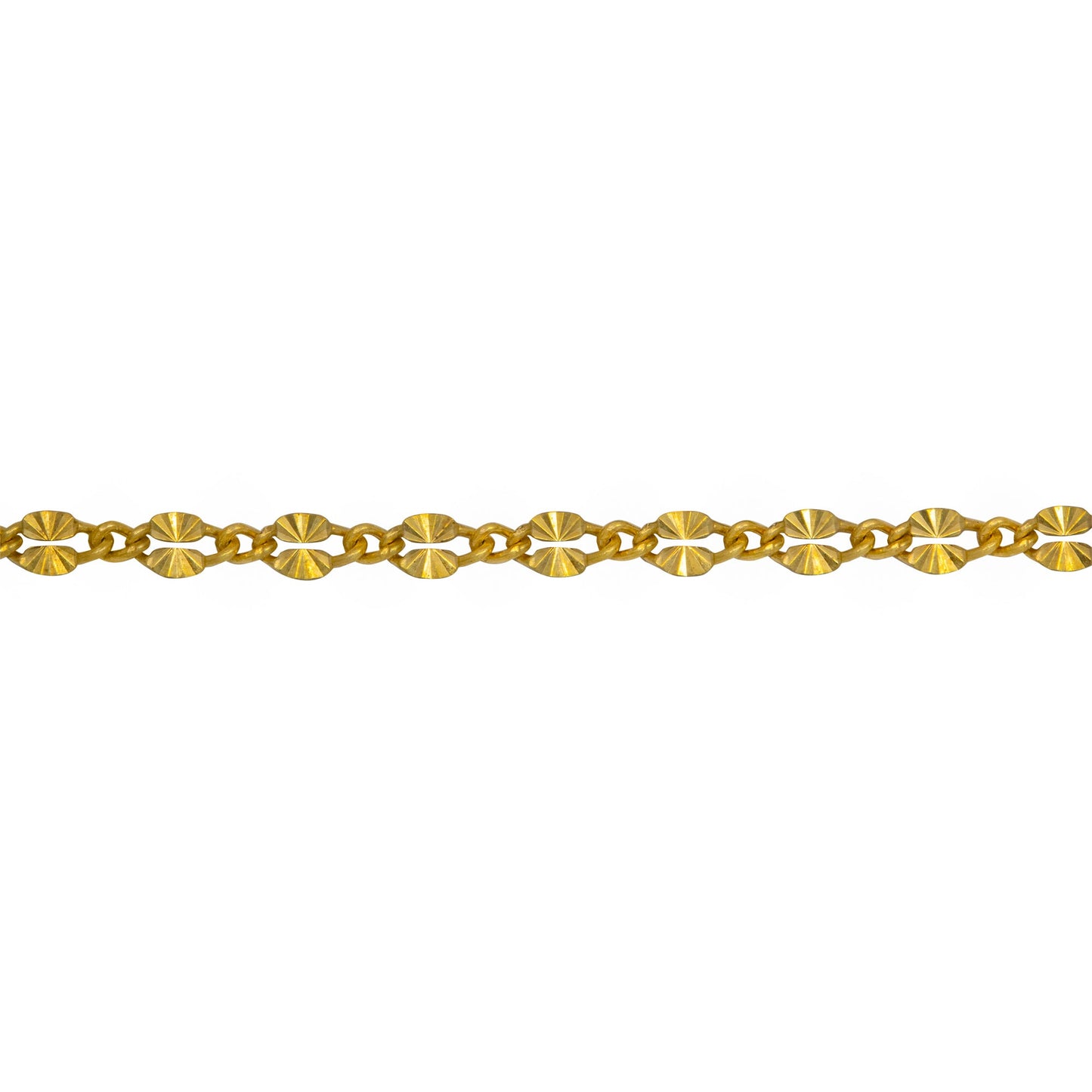 Chain by Foot. Sterling Silver - Gold Plated 2.18mm Width by 3.91mm Length Dapped Diamond Cut Oval Link Connected to 1.32mm Width by 1.97mm Length Smooth Curb Link, Long and Short Chain. Price per: 1 Foot.