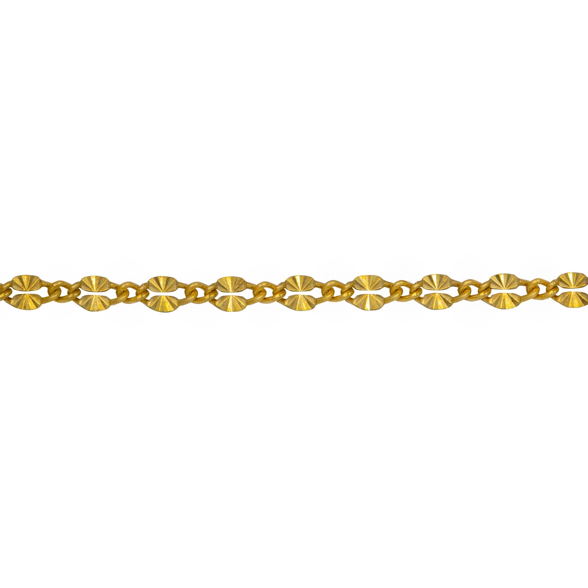 Chain by Foot. Sterling Silver - Gold Plated 2.18mm Width by 3.91mm Length Dapped Diamond Cut Oval Link Connected to 1.32mm Width by 1.97mm Length Smooth Curb Link, Long and Short Chain. Price per: 1 Foot.