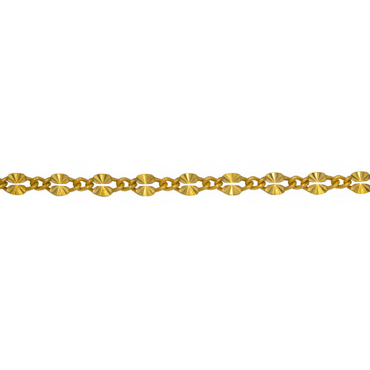 Chain by Foot. Sterling Silver - Gold Plated 2.18mm Width by 3.91mm Length Dapped Diamond Cut Oval Link Connected to 1.32mm Width by 1.97mm Length Smooth Curb Link, Long and Short Chain. Price per: 1 Foot.