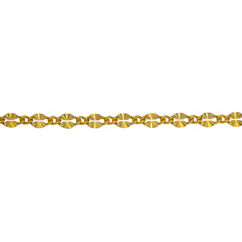 Chain by Foot. Sterling Silver - Gold Plated 2.18mm Width by 3.91mm Length Dapped Diamond Cut Oval Link Connected to 1.32mm Width by 1.97mm Length Smooth Curb Link, Long and Short Chain. Price per: 1 Foot.