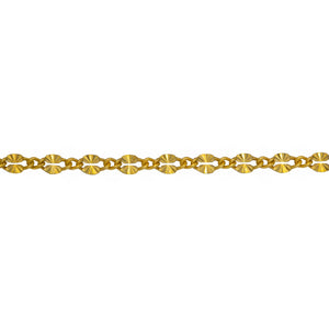 Chain by Foot. Sterling Silver - Gold Plated 2.18mm Width by 3.91mm Length Dapped Diamond Cut Oval Link Connected to 1.32mm Width by 1.97mm Length Smooth Curb Link, Long and Short Chain. Price per: 1 Foot.