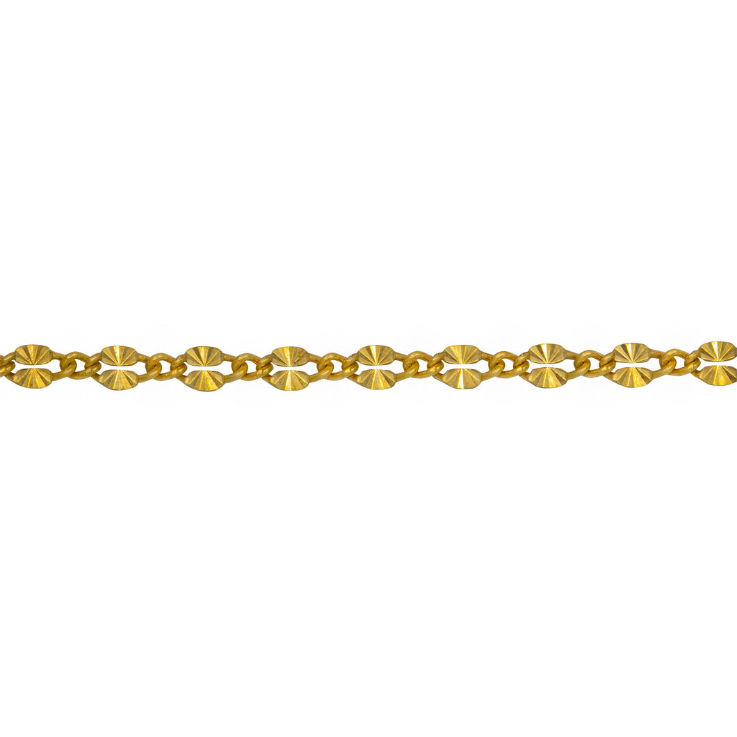 Chain by Foot. Sterling Silver - Gold Plated 2.18mm Width by 3.91mm Length Dapped Diamond Cut Oval Link Connected to 1.32mm Width by 1.97mm Length Smooth Curb Link, Long and Short Chain. Price per: 1 Foot.
