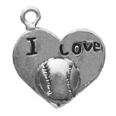 Charms. Sterling Silver, 16.5mm Width by 2.7mm Length by 17.9mm Height, "I Love Baseball" Heart Charm. Quantity Per Pack: 1 Piece.