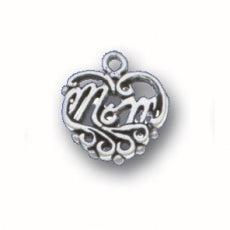 Charms. Sterling Silver, 11.9mm Width by 1.3mm Length by 12.6mm Height, Mom Filigree Heart Charm. Quantity Per Pack: 1 Piece.