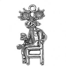 Charms. Sterling Silver, 11.4mm Width by 13.1mm Length by 24.8mm Height, Moose Sitting in a Chair with a Coffee Cup Charm. Quantity Per Pack: 1 Piece.