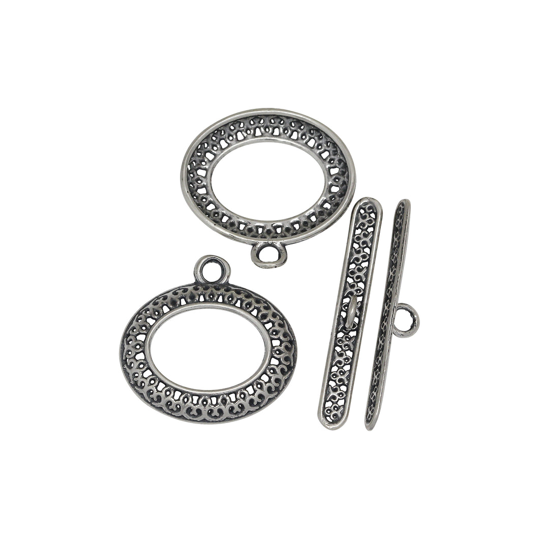 Sterling Silver, 20.4mm Width by 2.7mm Length by 20.1mm Height, Fancy Oval Toggle Clasp Ring and 28.1mm Width by 3.7mm Length, Fancy Toggle Clasp Bar. Quantity Per Pack: 1 Pair.