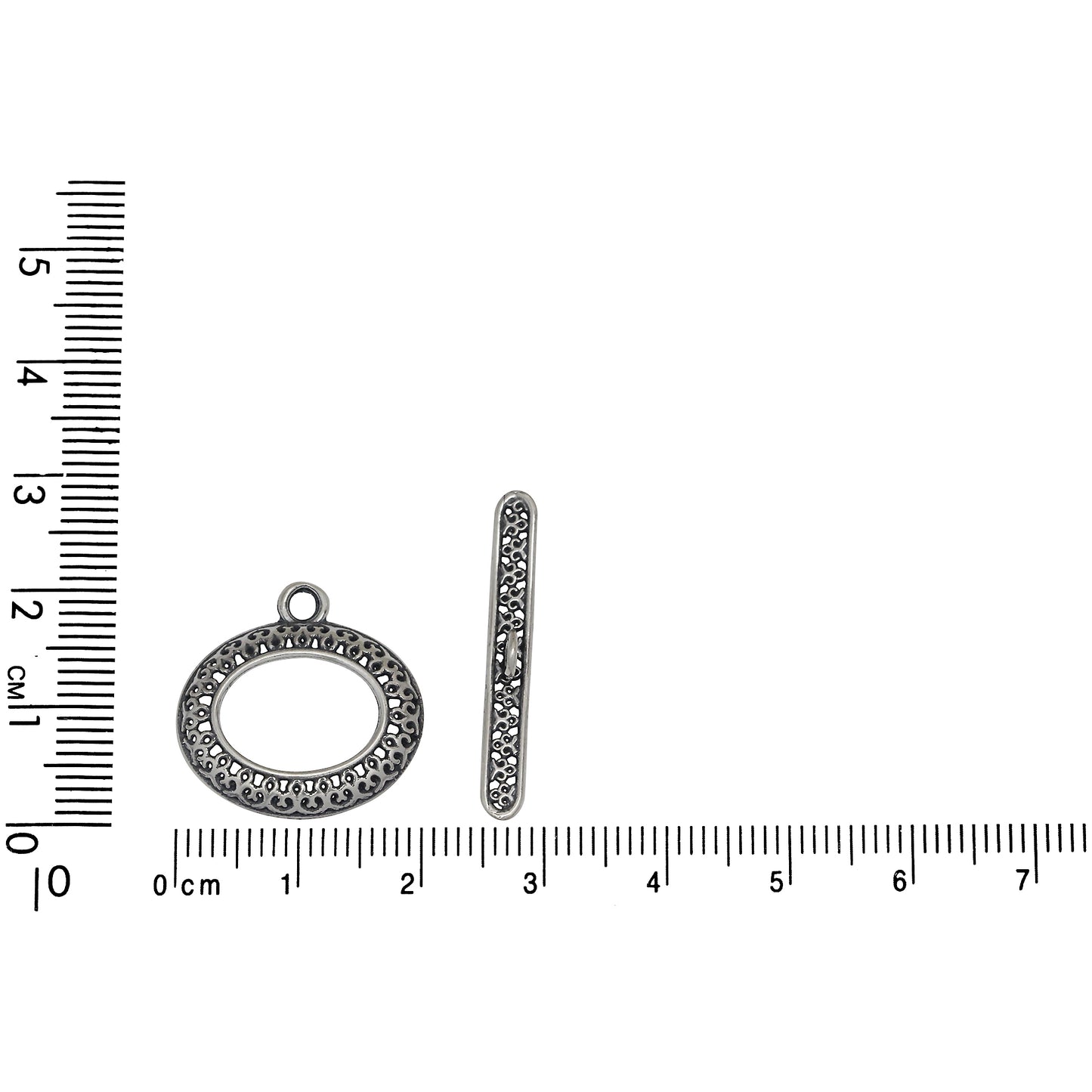 Sterling Silver, 20.4mm Width by 2.7mm Length by 20.1mm Height, Fancy Oval Toggle Clasp Ring and 28.1mm Width by 3.7mm Length, Fancy Toggle Clasp Bar. Quantity Per Pack: 1 Pair.