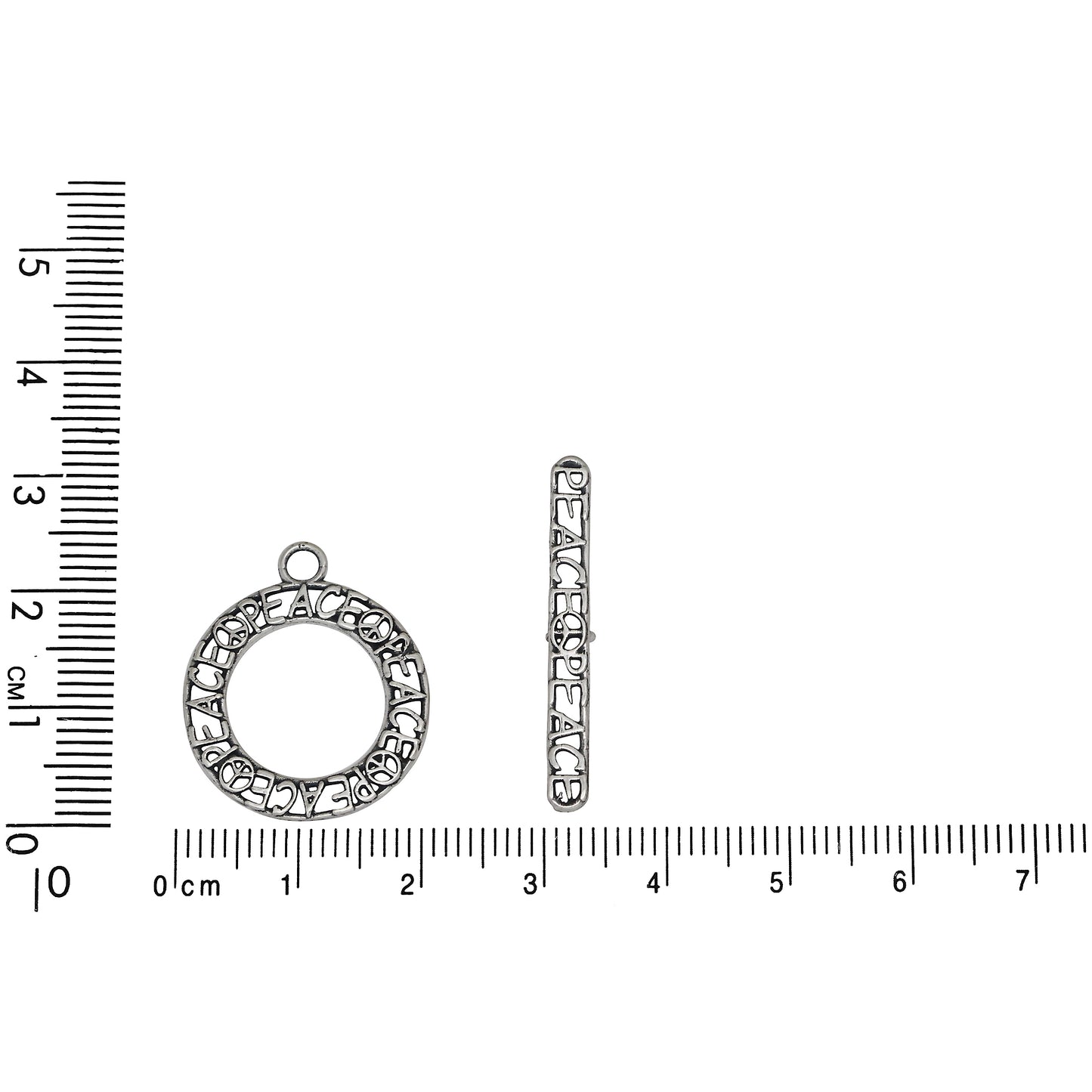 Sterling Silver, 20.4mm Width by 1.0mm Length by 24.0mm Height, Peace Round Toggle Clasp Ring and 29.9mm Width by 3.9mm Length, Peace Toggle Clasp Bar. Quantity Per Pack: 1 Pair.