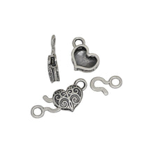 Load image into Gallery viewer, Sterling Silver, 13.9mm Width by 3.7mm Length by 10.7mm Height, Heart Eye with 7.6mm Width by 1.0mm Length by 11.3mm Height, Plain Hook, Fancy Hook &amp; Eye Clasp. Quantity Per Pack: 1 Pair.
