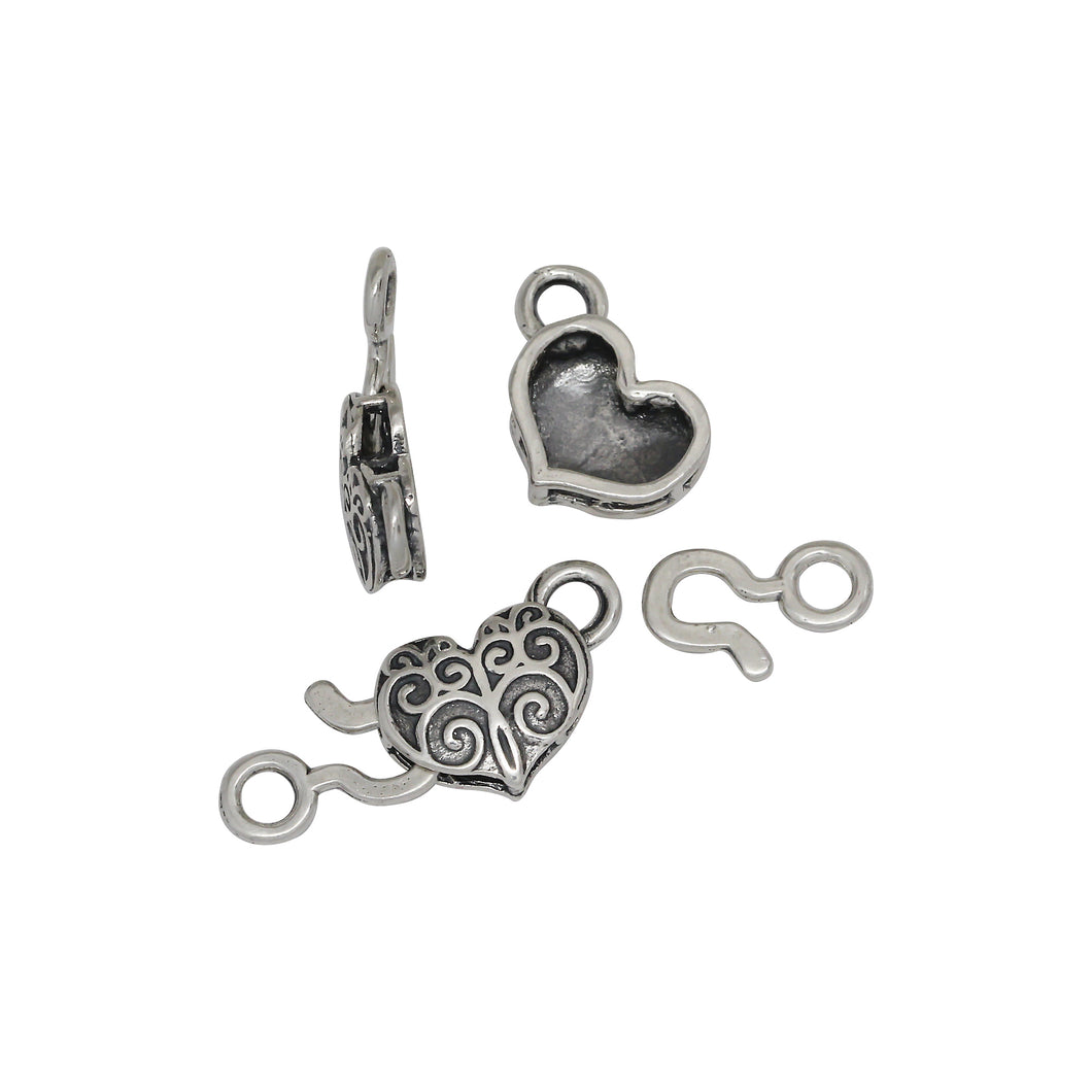 Sterling Silver, 13.9mm Width by 3.7mm Length by 10.7mm Height, Heart Eye with 7.6mm Width by 1.0mm Length by 11.3mm Height, Plain Hook, Fancy Hook & Eye Clasp. Quantity Per Pack: 1 Pair.