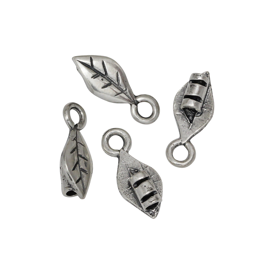 Sterling Silver, 6.0mm Width by 3.5mm Length by 15.1mm Height, Fancy Leaf Leather End Cap With 4.3mm Fix Ring. Quantity Per Pack: 4 Pieces.