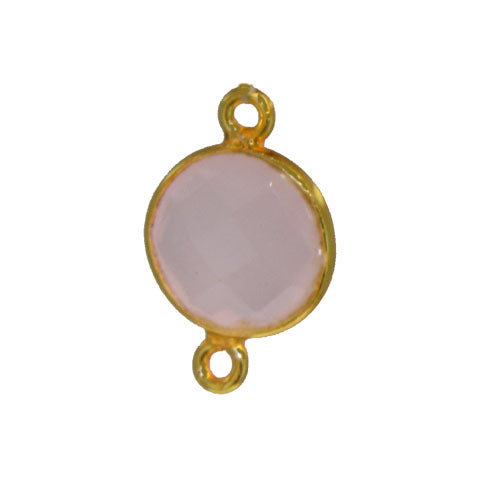 Stone Connectors & Drops. Sterling Silver Gold Plated / Vermeil 11.0mm Width / Length, Rose Quartz Stone, Round Connector with 3.3mm Closed Ring on each side. Quantity Per Pack: 1 Piece.