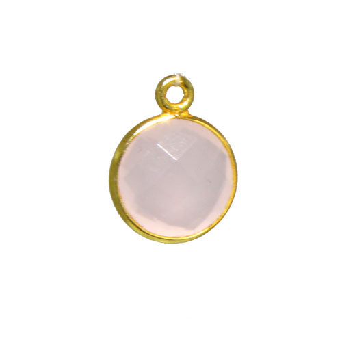 Stone Connectors & Drops. Sterling Silver Gold Plated / Vermeil 11.0mm Width / Length, Rose Quartz Stone, Round Drop with one 3.3mm Closed Ring. Quantity Per Pack: 1 Piece.