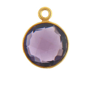 Stone Connectors & Drops. Sterling Silver Gold Plated / Vermeil 11.0mm Width / Length, Amethyst Stone, Round Drop with one 3.3mm Closed Ring. Quantity Per Pack: 1 Piece.