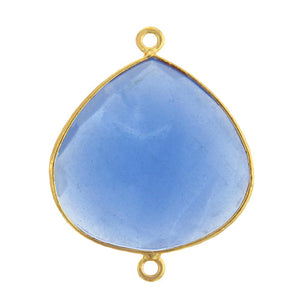 Stone Connectors & Drops. Sterling Silver Gold Plated / Vermeil 24.6mm Width by 30.7mm Length, Chalcedony - Blue Onyx Stone, Tear Drop Connector with 3.7mm Closed Ring on each side. Quantity Per Pack: 1 Piece.