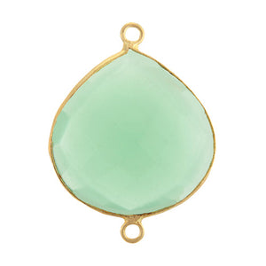 Stone Connectors & Drops. Sterling Silver Gold Plated / Vermeil 25.2mm Width by 32.9mm Length, Chalcedony - Aqua Stone, Tear Drop Connector with 3.7mm Closed Ring on each side. Quantity Per Pack: 1 Piece.