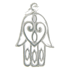 Sterling Silver, 13.2mm Width by 1.3mm Length by 18.9mm Height, Hamsa Hand Charm with 20.0 Gauge Close Ring attached to Fixed Ring at the Top. Quantity Per Pack: 1 Piece.