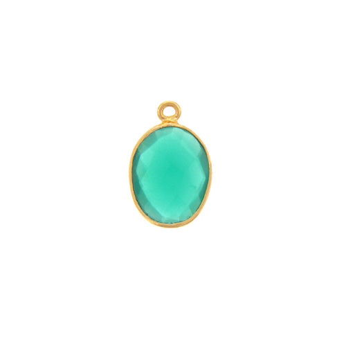 Stone Connectors & Drops. Sterling Silver Gold Plated / Vermeil 12.0mm Width by 19.3mm Length, Green Onyx Stone, Oval Drop with one 3.3mm Closed Ring. Quantity Per Pack: 1 Piece.