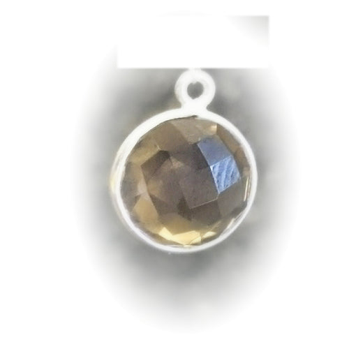 Stone Connectors & Drops. Sterling Silver 13.0mm Width / Length, Smoky Quartz Stone, Round Drop with one 3.3mm Closed Ring. Quantity Per Pack: 1 Piece.