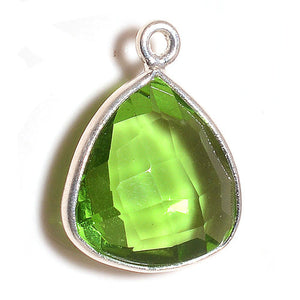 Stone Connectors & Drops. Sterling Silver 13.0mm Width by 19.3mm Length, Green Quartz Stone, Triangle Drop with one 3.0mm Closed Ring. Quantity Per Pack: 1 Piece.