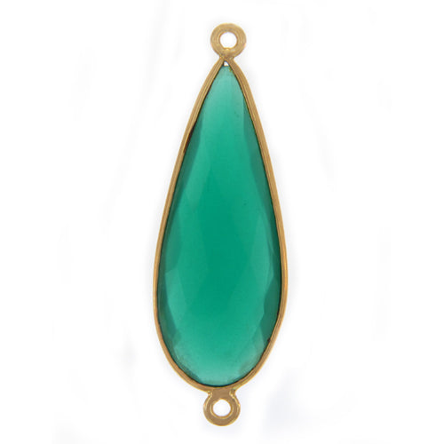 Stone Connectors & Drops. Sterling Silver Gold Plated / Vermeil 12.9mm Width by 38.6mm Length, Green Onyx Quartz Stone, Tear Drop Connector with 3.6mm Closed Ring on each side. Quantity Per Pack: 1 Piece.