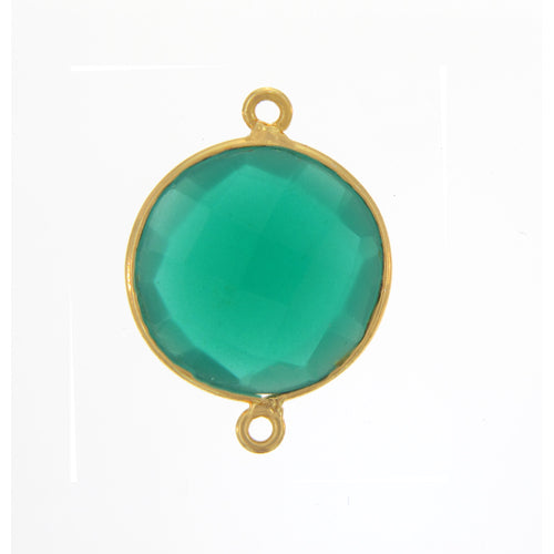 Stone Connectors & Drops. Sterling Silver Gold Plated / Vermeil 18.0mm Width / Length, Green Onyx Quartz Stone, Round Connector with 3.6mm Closed Ring on each side. Quantity Per Pack: 1 Piece.