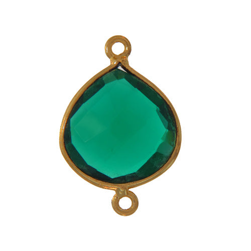 Stone Connectors & Drops. Sterling Silver Gold Plated / Vermeil 15.6mm Width by 21.8mm Length, Green Onyx Quartz Stone, Tear Drop Connector with 3.3mm Closed Ring on each side. Quantity Per Pack: 1 Piece.