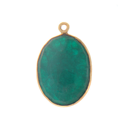 Stone Connectors & Drops. Sterling Silver Gold Plated / Vermeil 16.6mm Width by 25.1mm Length, Dyed Emerald Stone, Oval Drop with one 3.3mm Closed Ring. Quantity Per Pack: 1 Piece.