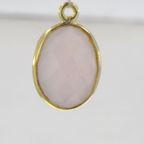 Stone Connectors & Drops. Sterling Silver Gold Plated / Vermeil 11.2mm Width by 17.1mm Length, Rose Quartz Stone, Oval Drop with one 3.5mm Closed Ring. Quantity Per Pack: 1 Piece.