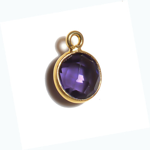 Stone Connectors & Drops. Sterling Silver Gold Plated / Vermeil 8.0mm Width / Length, Amethyst Stone, Round Drop with one 3.3mm Closed Ring. Quantity Per Pack: 1 Piece.