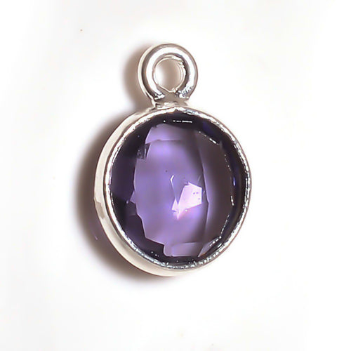 Stone Connectors & Drops. Sterling Silver 8.00mm Width / Length, Amethyst Stone, Round Drop with one 3.30mm Closed Ring. Quantity Per Pack: 1 Piece.